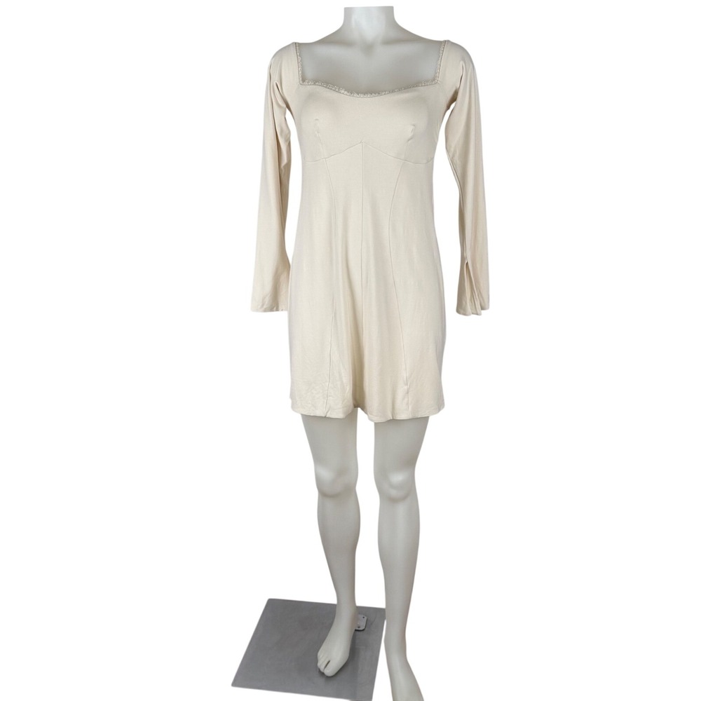 Oh Polly Ivory Long Sleeve Open Back Mini Dress Square Neck Lace Trim US 10 NWT